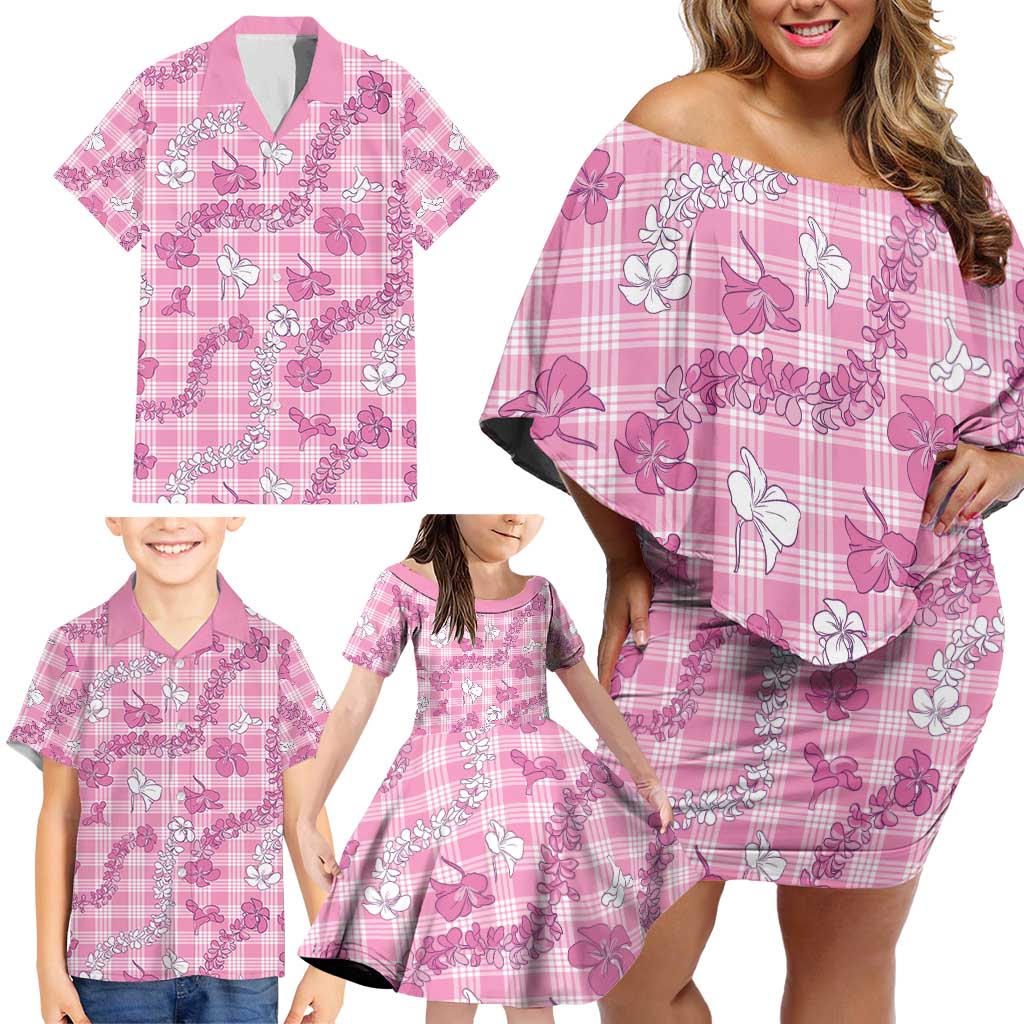 Alaka Aloha Hawaii Family Matching Off Shoulder Short Dress and Hawaiian Shirt Plumeria Lei With Palaka Motif - Polynesian Pride