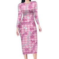 Alaka Aloha Hawaii Long Sleeve Bodycon Dress Plumeria Lei With Palaka Motif - Polynesian Pride