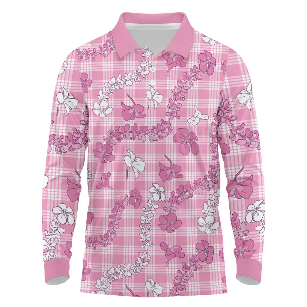 Alaka Aloha Hawaii Long Sleeve Polo Shirt Plumeria Lei With Palaka Motif LT14 Pink - Polynesian Pride