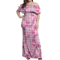 Alaka Aloha Hawaii Off Shoulder Maxi Dress Plumeria Lei With Palaka Motif - Polynesian Pride
