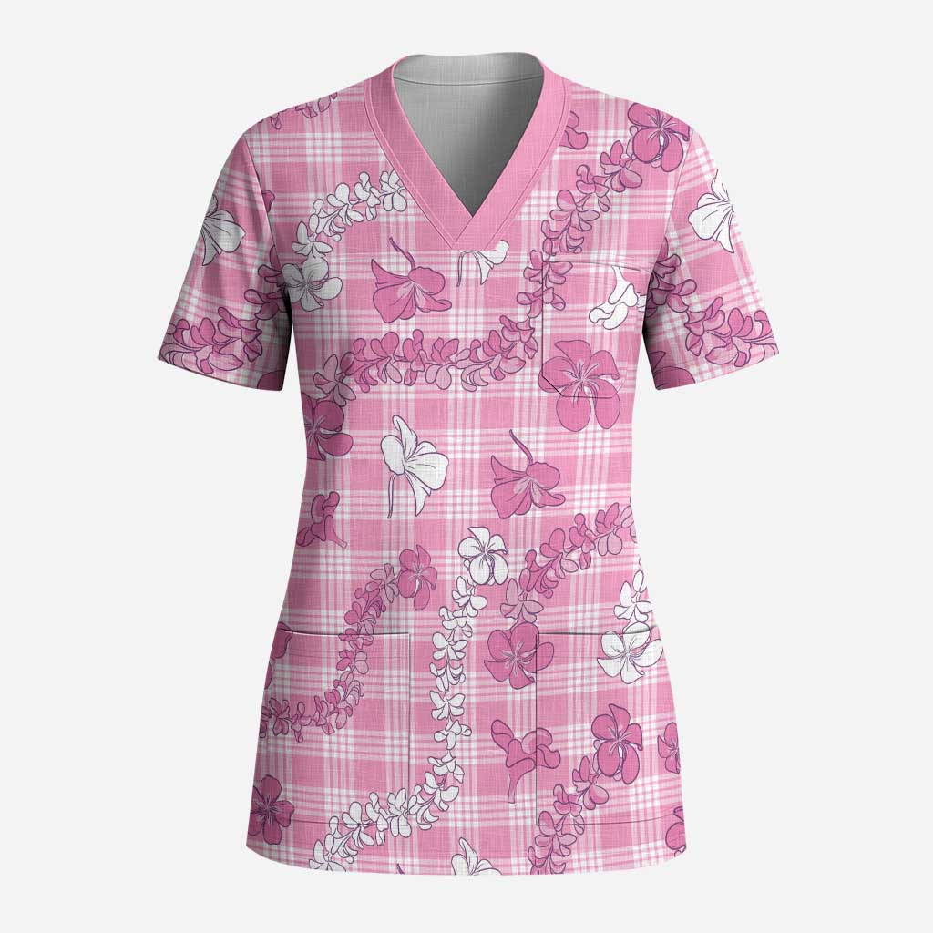Alaka Aloha Hawaii Scrub Top Plumeria Lei With Palaka Motif - Polynesian Pride
