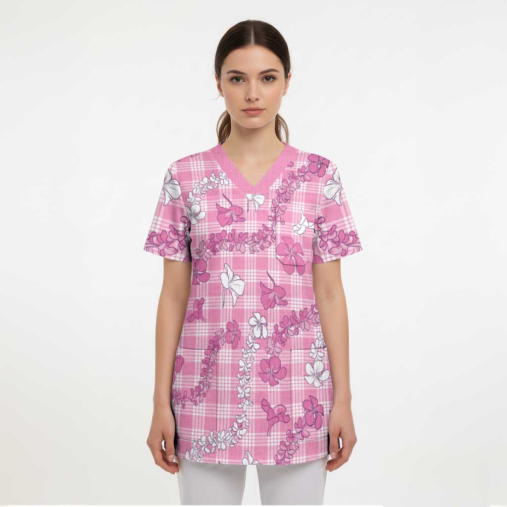 Alaka Aloha Hawaii Scrub Top Plumeria Lei With Palaka Motif - Polynesian Pride