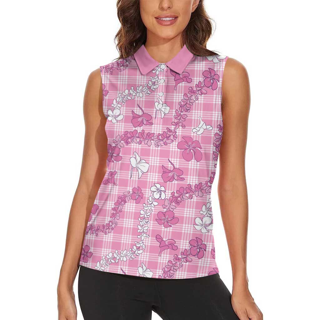 Alaka Aloha Hawaii Women Sleeveless Polo Shirt Plumeria Lei With Palaka Motif - Polynesian Pride