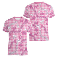 Alaka Aloha Hawaii Women V-Neck T-Shirt Plumeria Lei With Palaka Motif - Polynesian Pride