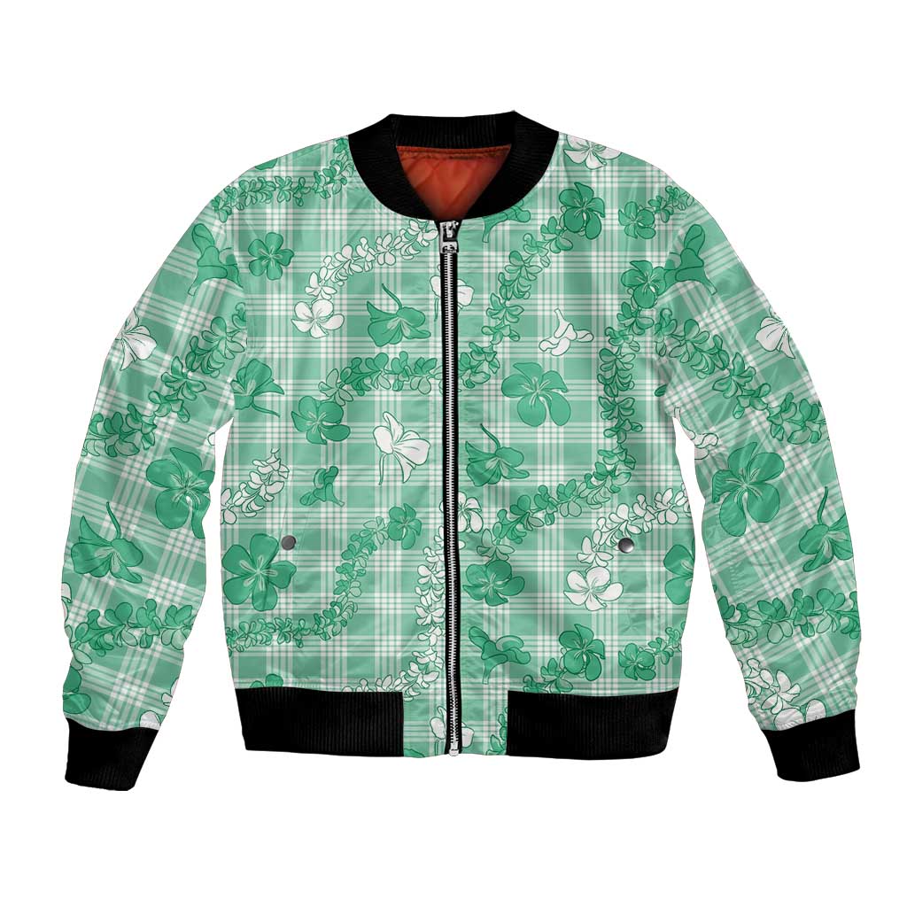 Omaomao Aloha Hawaii Bomber Jacket Plumeria Lei With Palaka Motif LT14 Unisex Green - Polynesian Pride