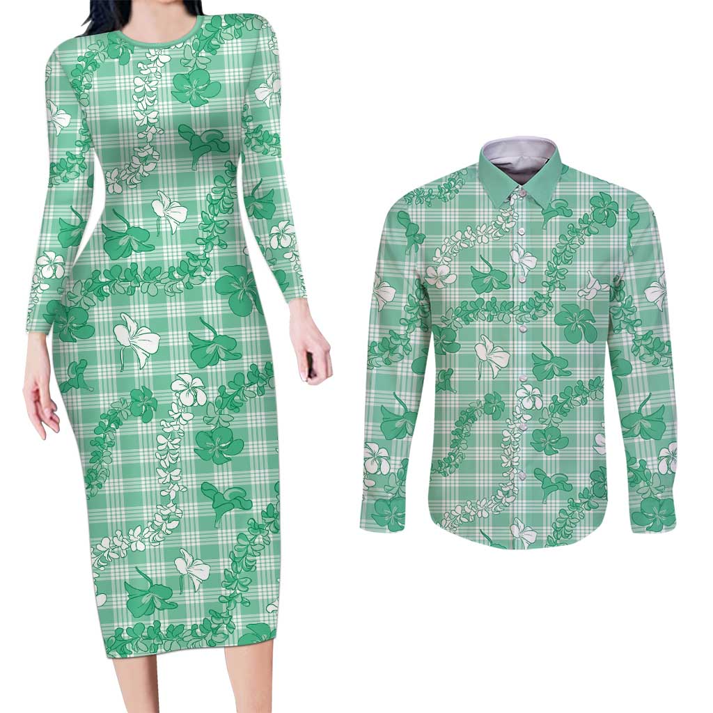 Omaomao Aloha Hawaii Couples Matching Long Sleeve Bodycon Dress and Long Sleeve Button Shirt Plumeria Lei With Palaka Motif - Polynesian Pride