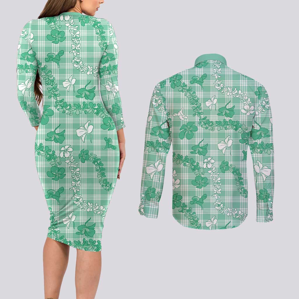 Omaomao Aloha Hawaii Couples Matching Long Sleeve Bodycon Dress and Long Sleeve Button Shirt Plumeria Lei With Palaka Motif - Polynesian Pride