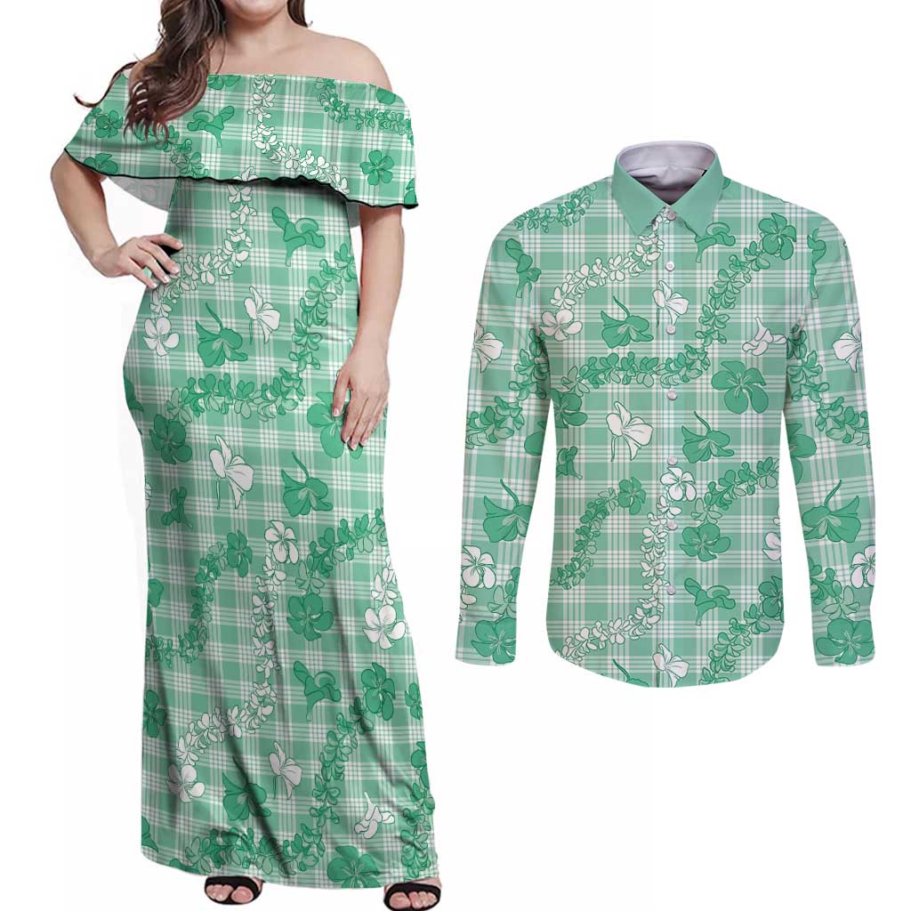 Omaomao Aloha Hawaii Couples Matching Off Shoulder Maxi Dress and Long Sleeve Button Shirt Plumeria Lei With Palaka Motif - Polynesian Pride