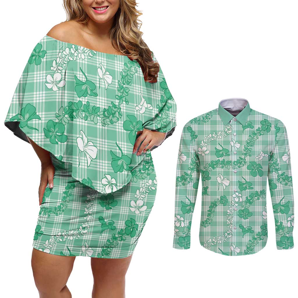 Omaomao Aloha Hawaii Couples Matching Off Shoulder Short Dress and Long Sleeve Button Shirt Plumeria Lei With Palaka Motif - Polynesian Pride