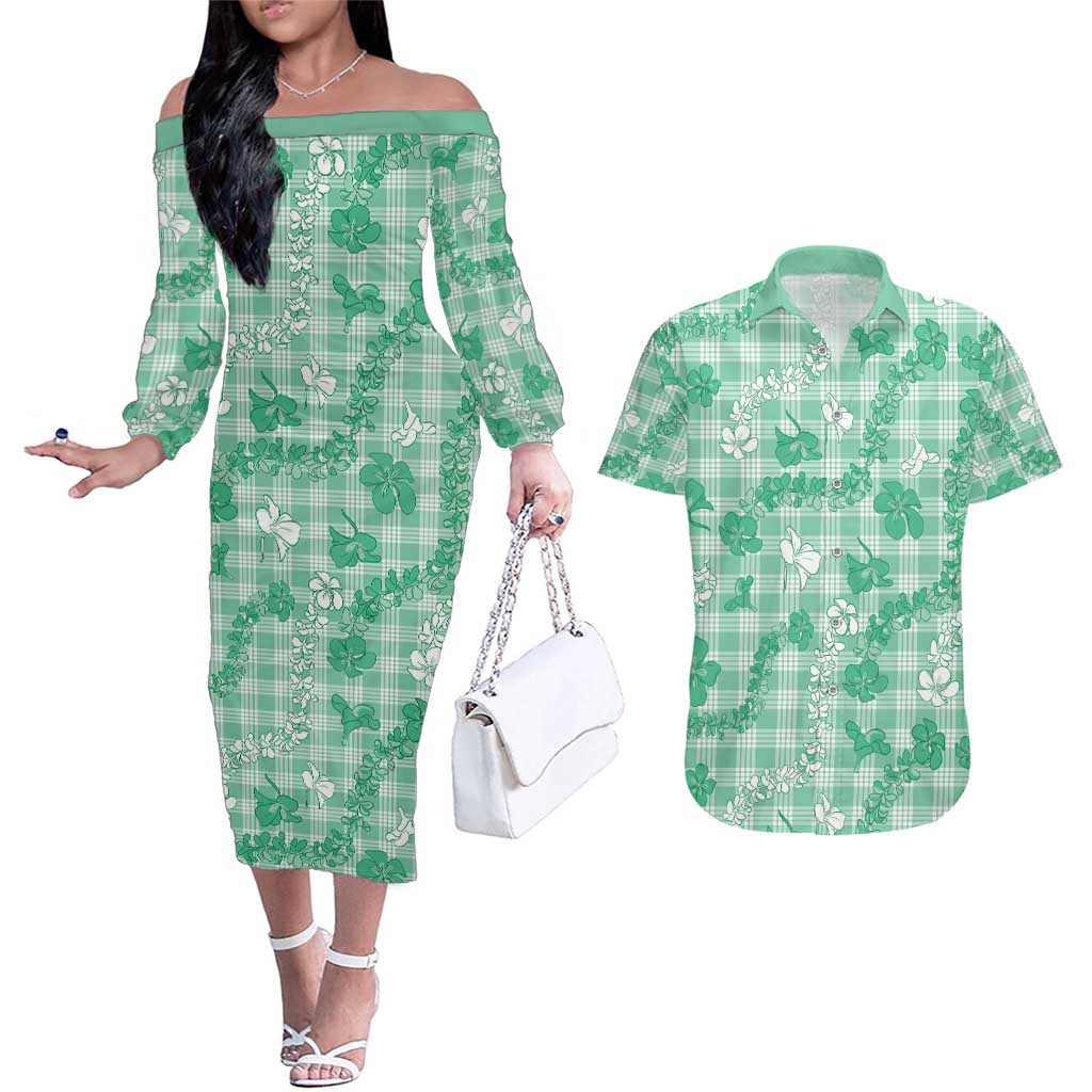 Omaomao Aloha Hawaii Couples Matching Off The Shoulder Long Sleeve Dress and Hawaiian Shirt Plumeria Lei With Palaka Motif - Polynesian Pride