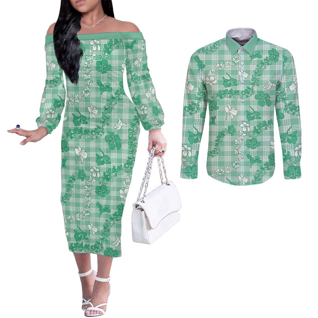 Omaomao Aloha Hawaii Couples Matching Off The Shoulder Long Sleeve Dress and Long Sleeve Button Shirt Plumeria Lei With Palaka Motif - Polynesian Pride