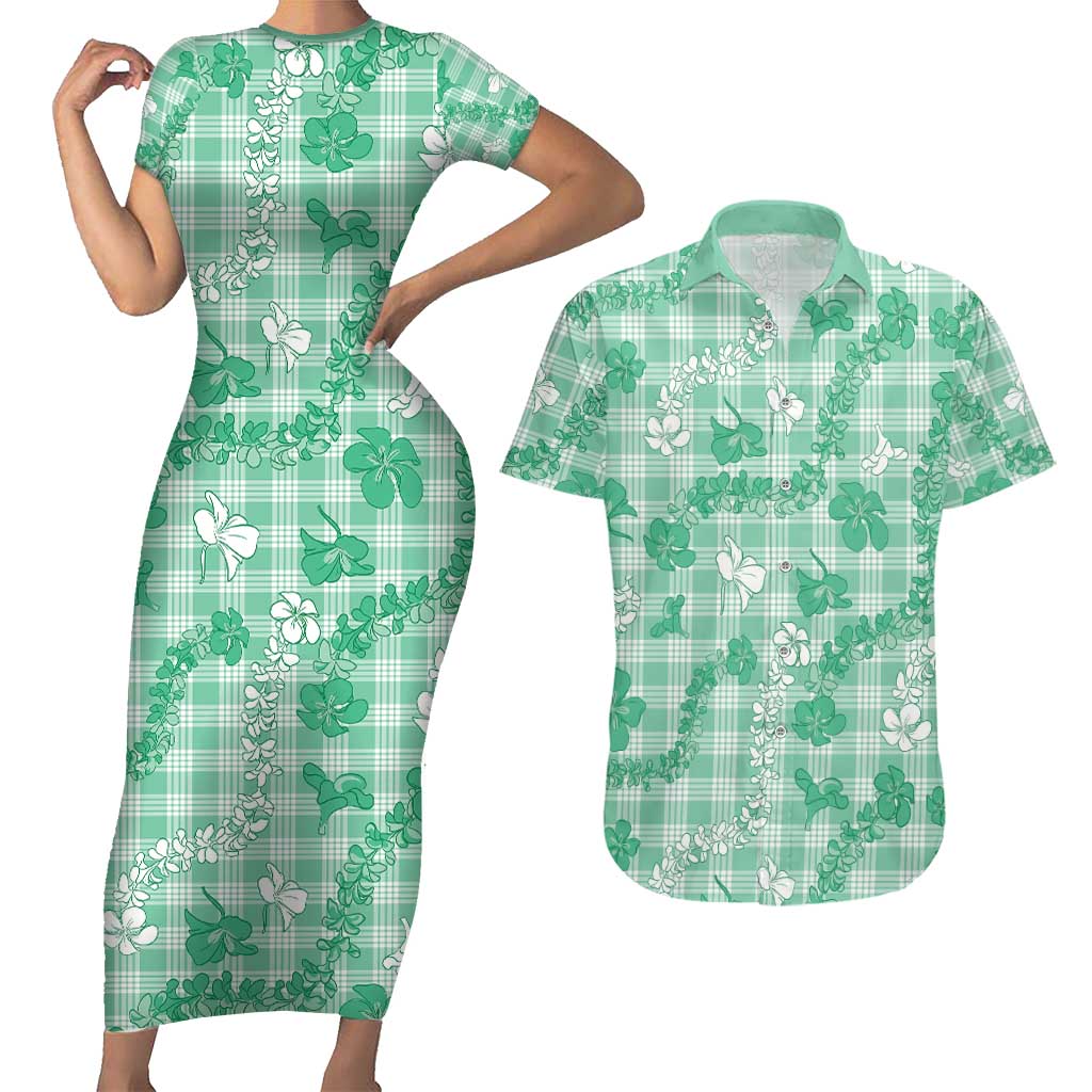 Omaomao Aloha Hawaii Couples Matching Short Sleeve Bodycon Dress and Hawaiian Shirt Plumeria Lei With Palaka Motif - Polynesian Pride