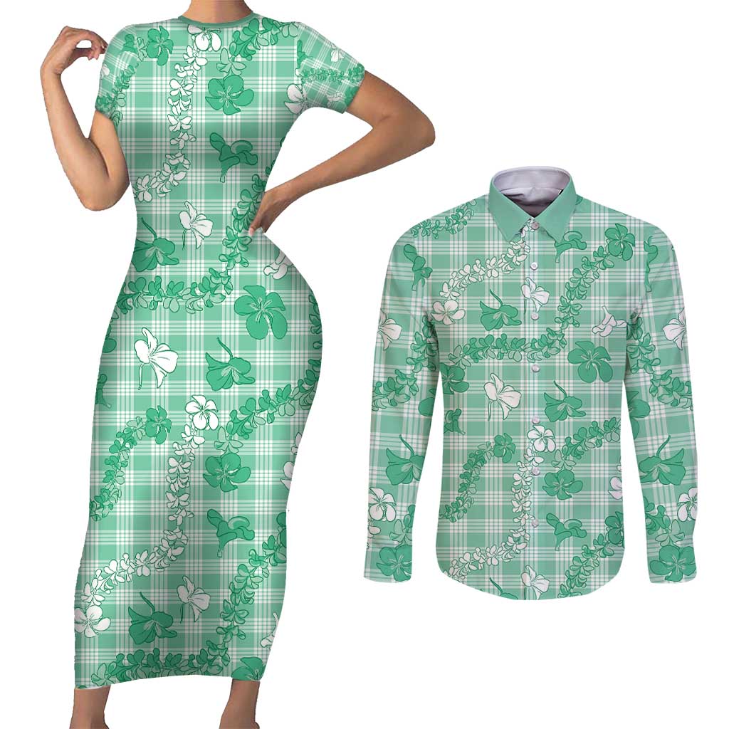 Omaomao Aloha Hawaii Couples Matching Short Sleeve Bodycon Dress and Long Sleeve Button Shirt Plumeria Lei With Palaka Motif - Polynesian Pride