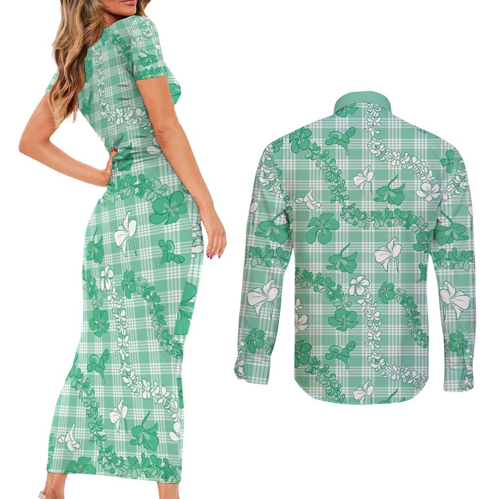 Omaomao Aloha Hawaii Couples Matching Short Sleeve Bodycon Dress and Long Sleeve Button Shirt Plumeria Lei With Palaka Motif - Polynesian Pride