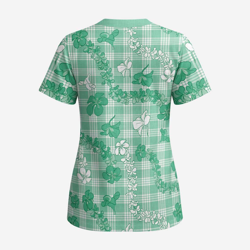 Omaomao Aloha Hawaii Scrub Top Plumeria Lei With Palaka Motif - Polynesian Pride