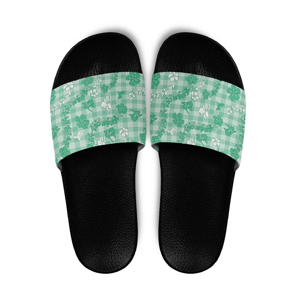 Omaomao Aloha Hawaii Slide Sandals Plumeria Lei With Palaka Motif - Polynesian Pride