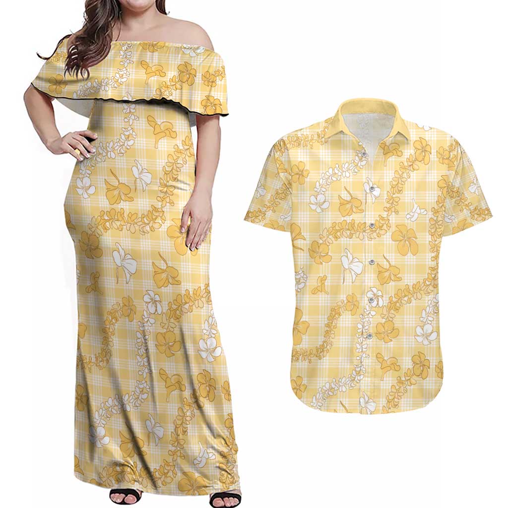 Melemele Aloha Hawaii Couples Matching Off Shoulder Maxi Dress and Hawaiian Shirt Plumeria Lei With Palaka Motif - Polynesian Pride