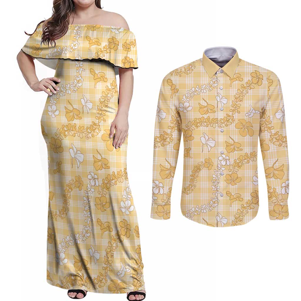 Melemele Aloha Hawaii Couples Matching Off Shoulder Maxi Dress and Long Sleeve Button Shirt Plumeria Lei With Palaka Motif - Polynesian Pride