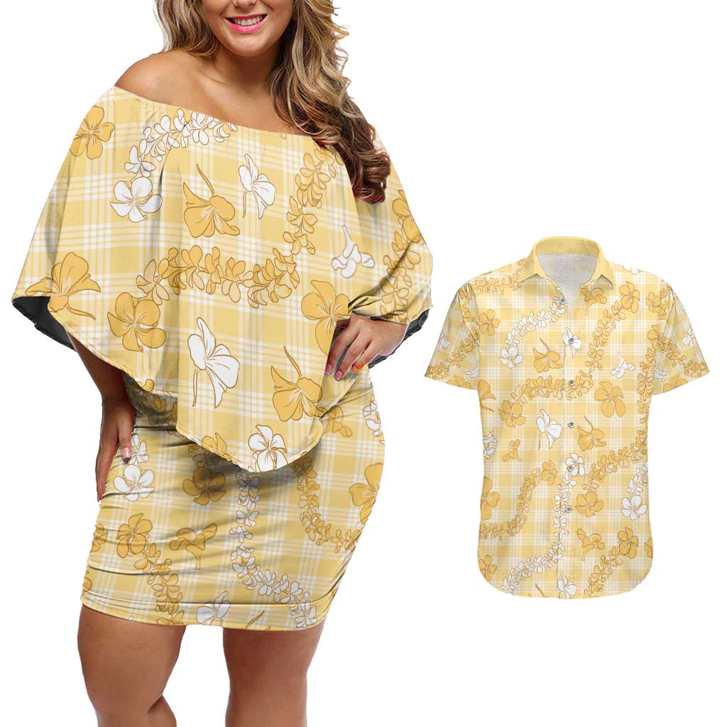 Melemele Aloha Hawaii Couples Matching Off Shoulder Short Dress and Hawaiian Shirt Plumeria Lei With Palaka Motif - Polynesian Pride