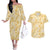 Melemele Aloha Hawaii Couples Matching Off The Shoulder Long Sleeve Dress and Hawaiian Shirt Plumeria Lei With Palaka Motif - Polynesian Pride