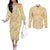 Melemele Aloha Hawaii Couples Matching Off The Shoulder Long Sleeve Dress and Long Sleeve Button Shirt Plumeria Lei With Palaka Motif - Polynesian Pride