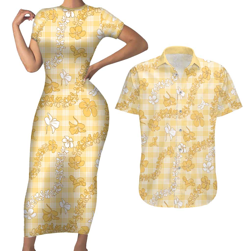 Melemele Aloha Hawaii Couples Matching Short Sleeve Bodycon Dress and Hawaiian Shirt Plumeria Lei With Palaka Motif - Polynesian Pride