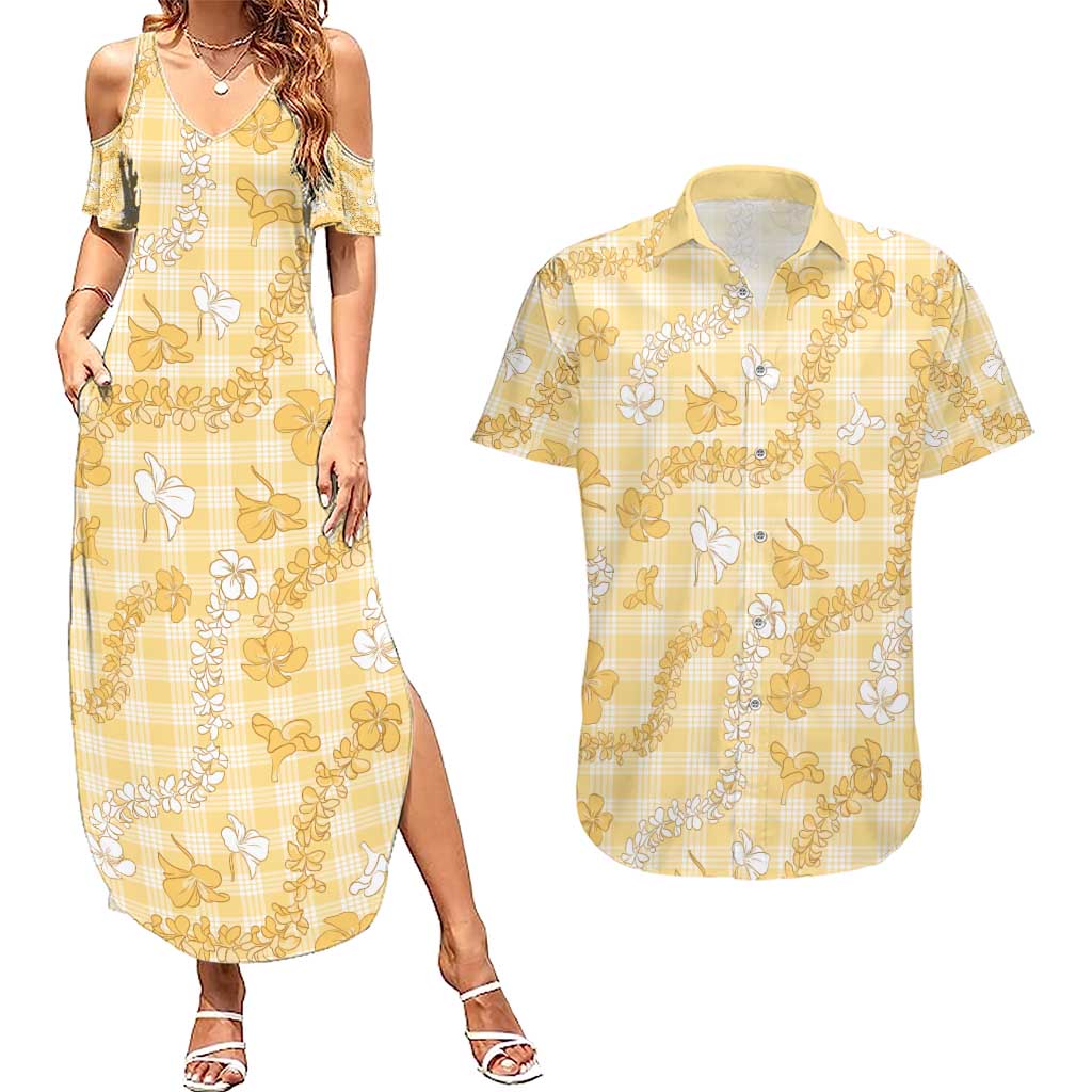 Melemele Aloha Hawaii Couples Matching Summer Maxi Dress and Hawaiian Shirt Plumeria Lei With Palaka Motif - Polynesian Pride