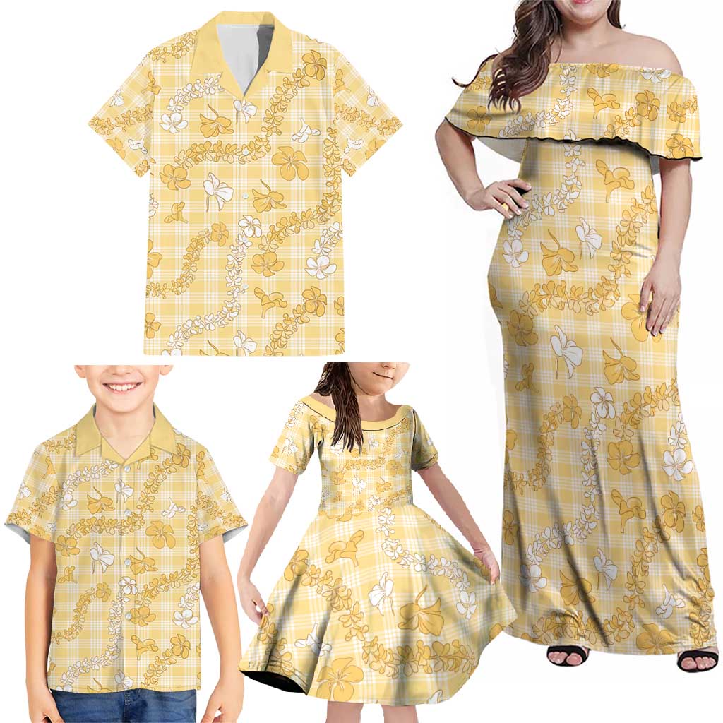 Melemele Aloha Hawaii Family Matching Off Shoulder Maxi Dress and Hawaiian Shirt Plumeria Lei With Palaka Motif - Polynesian Pride