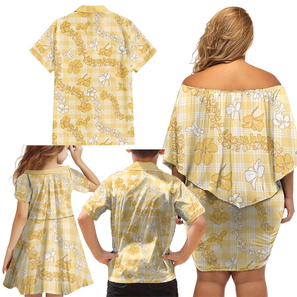 Melemele Aloha Hawaii Family Matching Off Shoulder Short Dress and Hawaiian Shirt Plumeria Lei With Palaka Motif - Polynesian Pride