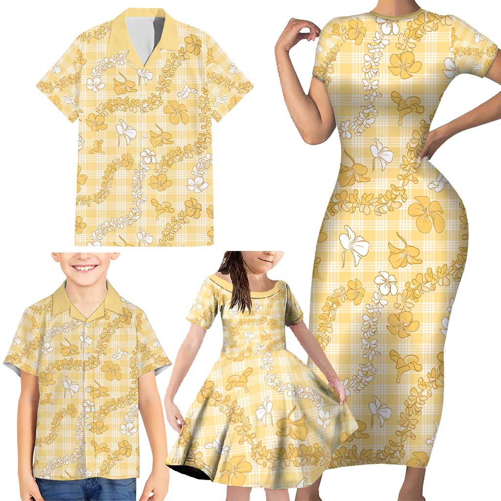 Melemele Aloha Hawaii Family Matching Short Sleeve Bodycon Dress and Hawaiian Shirt Plumeria Lei With Palaka Motif - Polynesian Pride