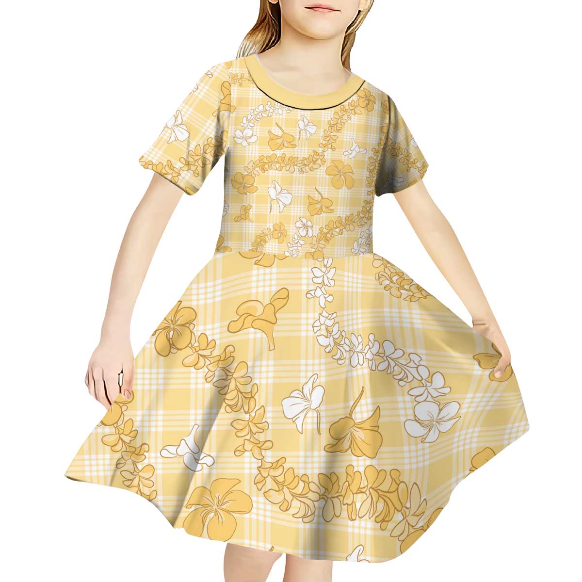 Melemele Aloha Hawaii Kid Short Sleeve Dress Plumeria Lei With Palaka Motif - Polynesian Pride