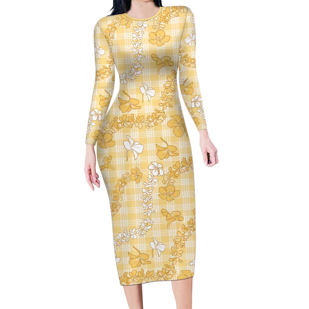 Melemele Aloha Hawaii Long Sleeve Bodycon Dress Plumeria Lei With Palaka Motif - Polynesian Pride