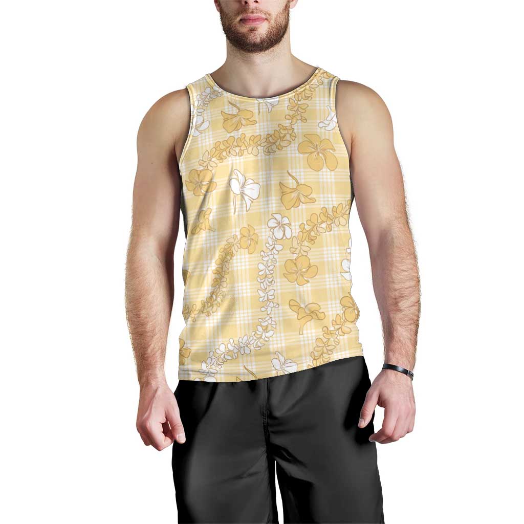 Melemele Aloha Hawaii Men Tank Top Plumeria Lei With Palaka Motif - Polynesian Pride