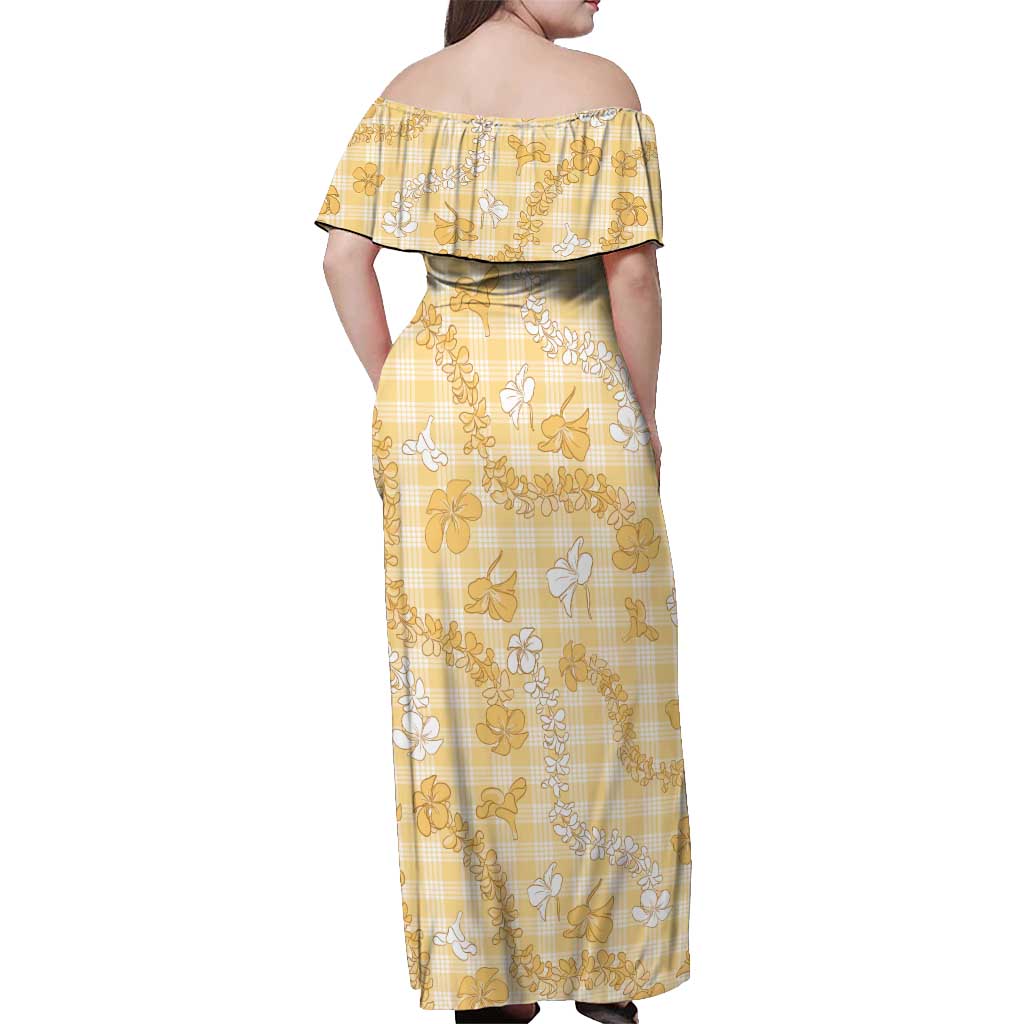 Melemele Aloha Hawaii Off Shoulder Maxi Dress Plumeria Lei With Palaka Motif - Polynesian Pride