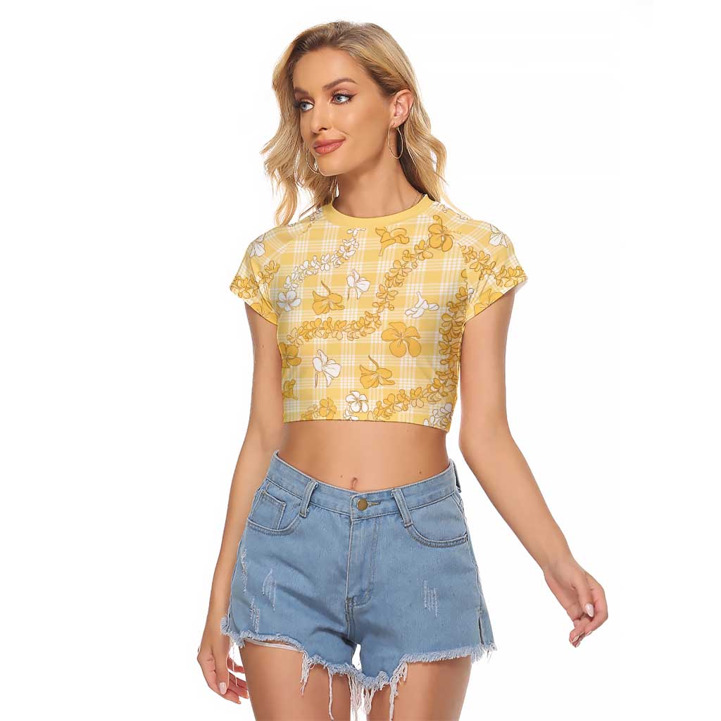 Melemele Aloha Hawaii Raglan Cropped T Shirt Plumeria Lei With Palaka Motif - Polynesian Pride