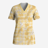 Melemele Aloha Hawaii Scrub Top Plumeria Lei With Palaka Motif - Polynesian Pride