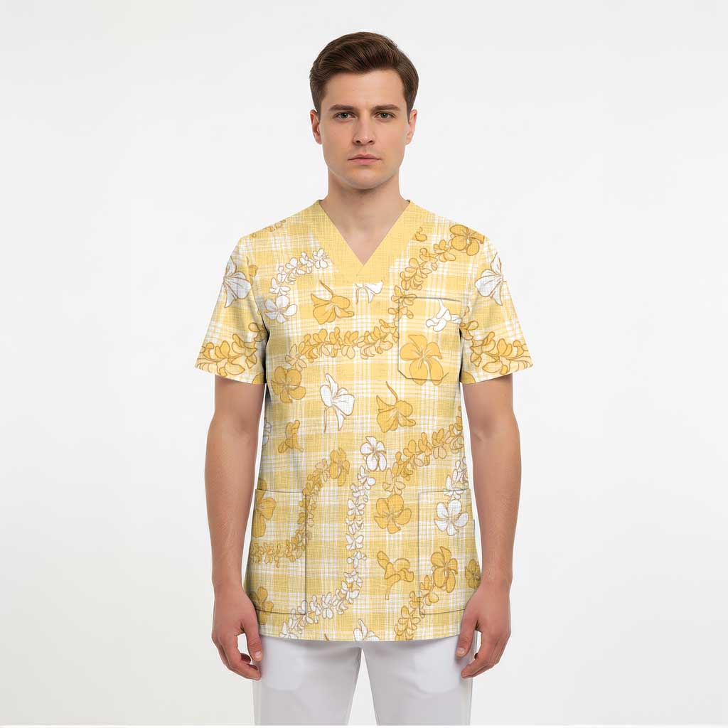 Melemele Aloha Hawaii Scrub Top Plumeria Lei With Palaka Motif - Polynesian Pride