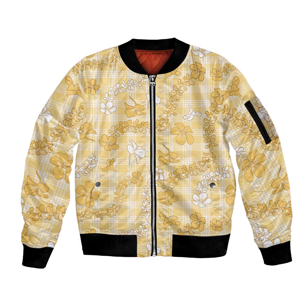 Melemele Aloha Hawaii Sleeve Zip Bomber Jacket Plumeria Lei With Palaka Motif LT14 Unisex Yellow - Polynesian Pride