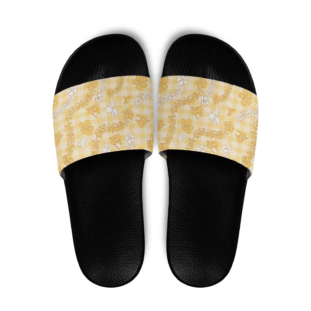 Melemele Aloha Hawaii Slide Sandals Plumeria Lei With Palaka Motif - Polynesian Pride
