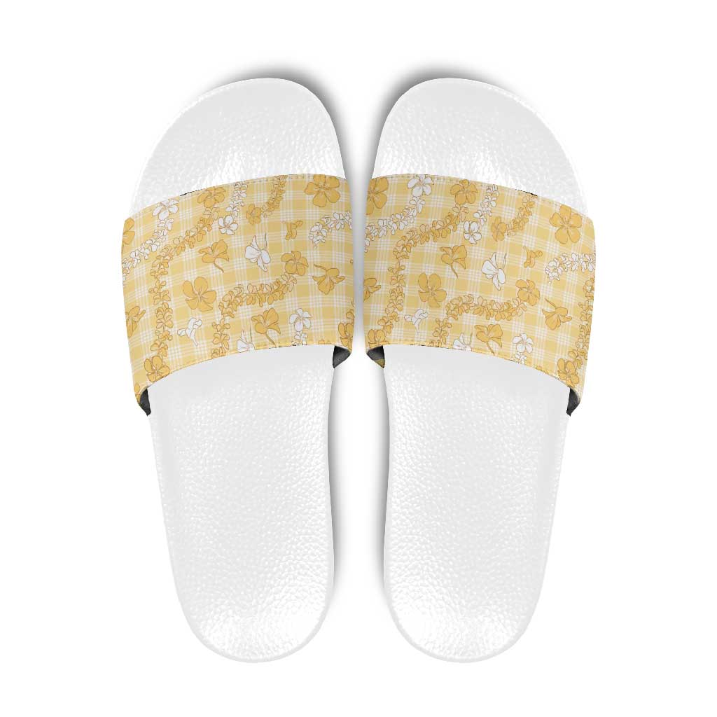 Melemele Aloha Hawaii Slide Sandals Plumeria Lei With Palaka Motif - Polynesian Pride