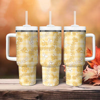 Melemele Aloha Hawaii Tumbler With Handle Plumeria Lei With Palaka Motif - Polynesian Pride