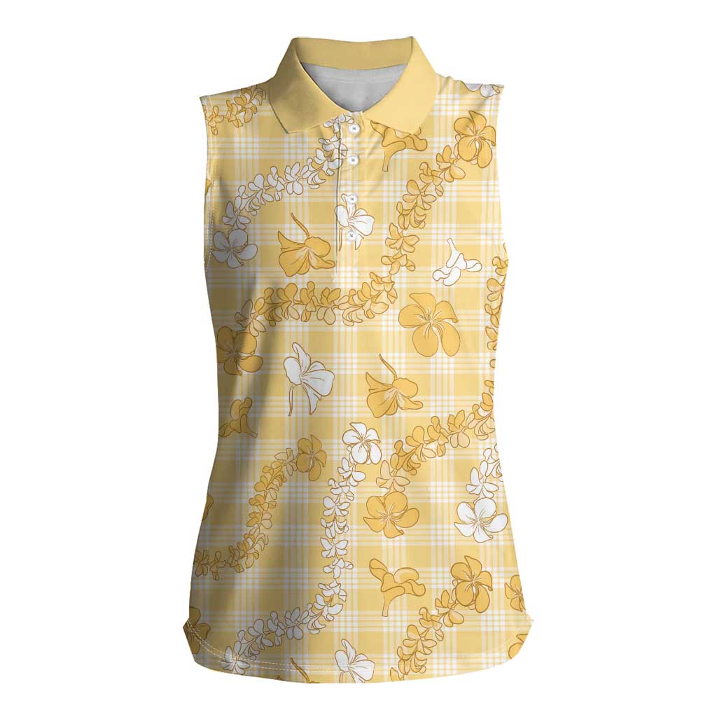 Melemele Aloha Hawaii Women Sleeveless Polo Shirt Plumeria Lei With Palaka Motif - Polynesian Pride