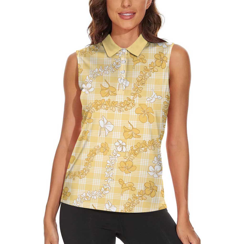 Melemele Aloha Hawaii Women Sleeveless Polo Shirt Plumeria Lei With Palaka Motif - Polynesian Pride