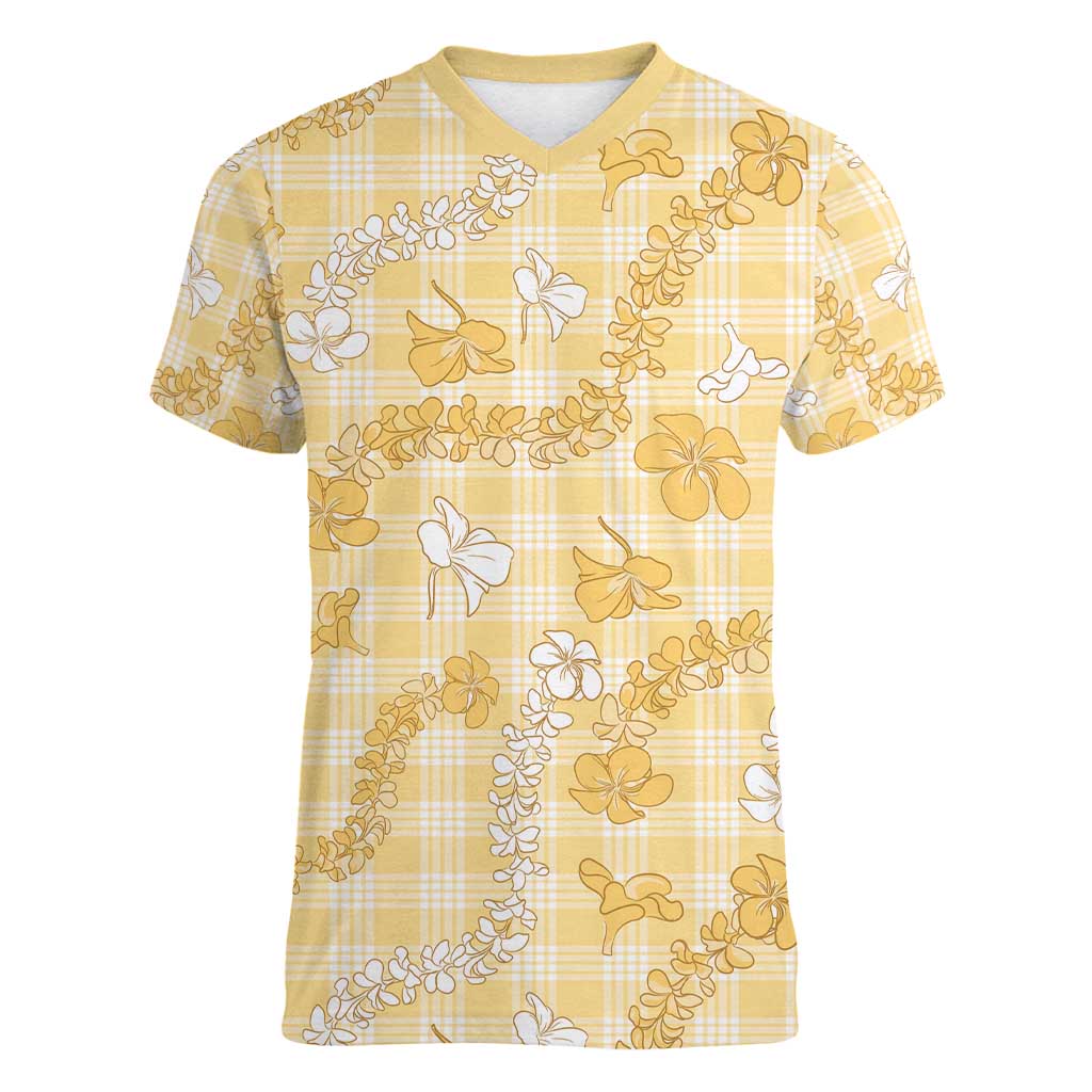 Melemele Aloha Hawaii Women V-Neck T-Shirt Plumeria Lei With Palaka Motif - Polynesian Pride
