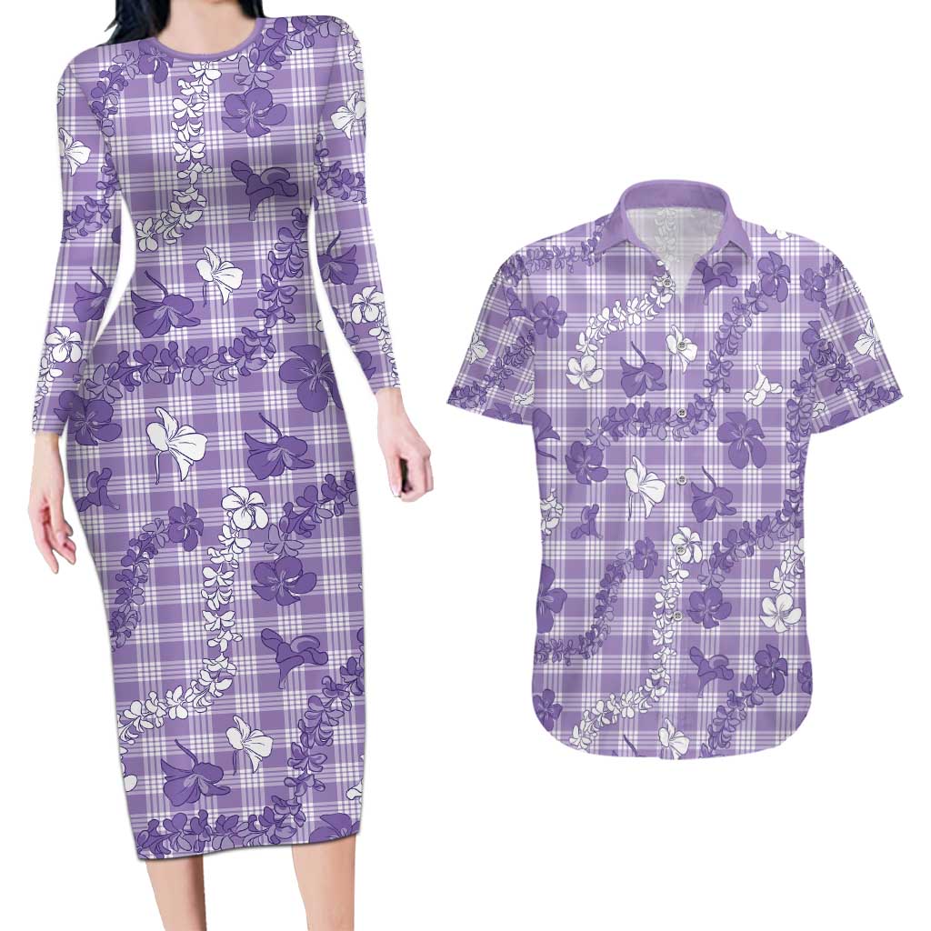 Poni Aloha Hawaii Couples Matching Long Sleeve Bodycon Dress and Hawaiian Shirt Plumeria Lei With Palaka Motif - Polynesian Pride