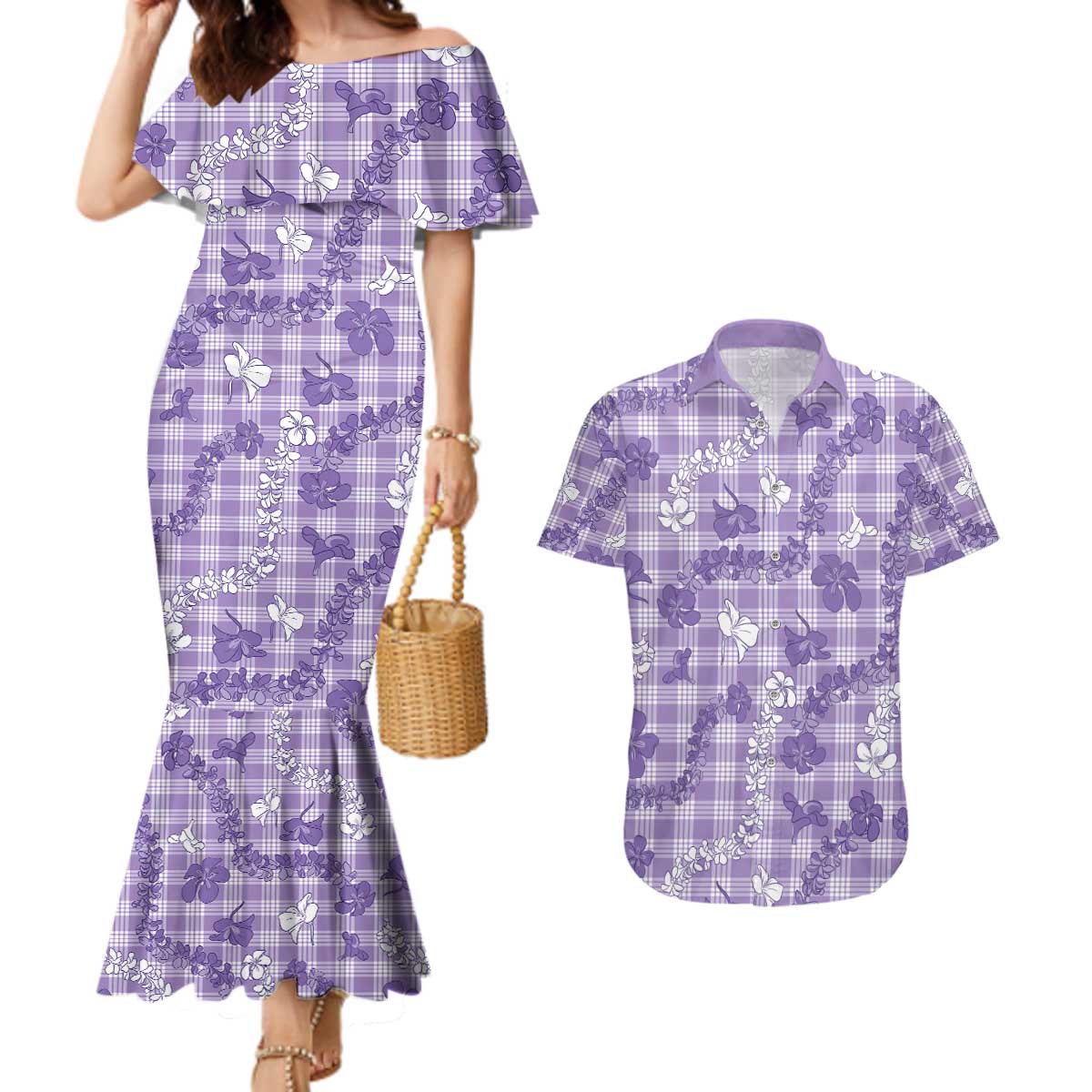 Poni Aloha Hawaii Couples Matching Mermaid Dress and Hawaiian Shirt Plumeria Lei With Palaka Motif - Polynesian Pride