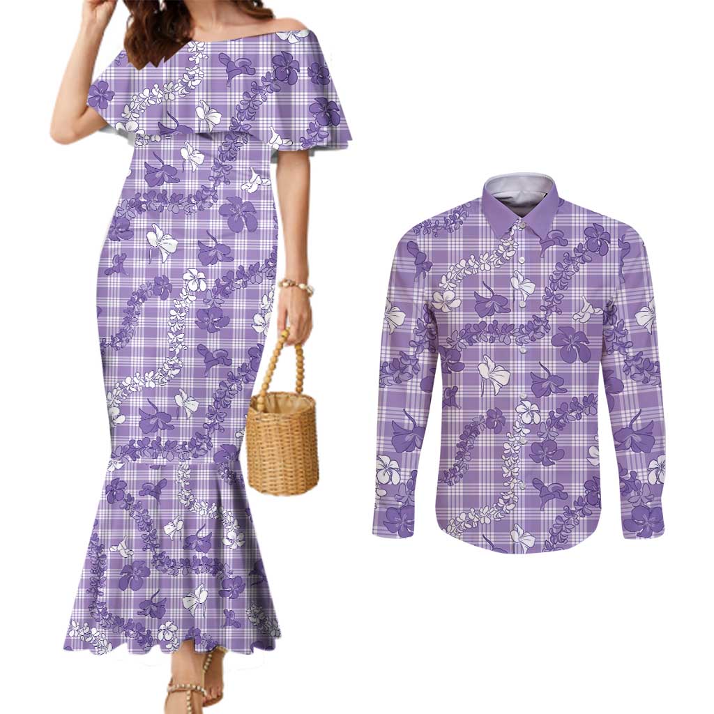 Poni Aloha Hawaii Couples Matching Mermaid Dress and Long Sleeve Button Shirt Plumeria Lei With Palaka Motif - Polynesian Pride