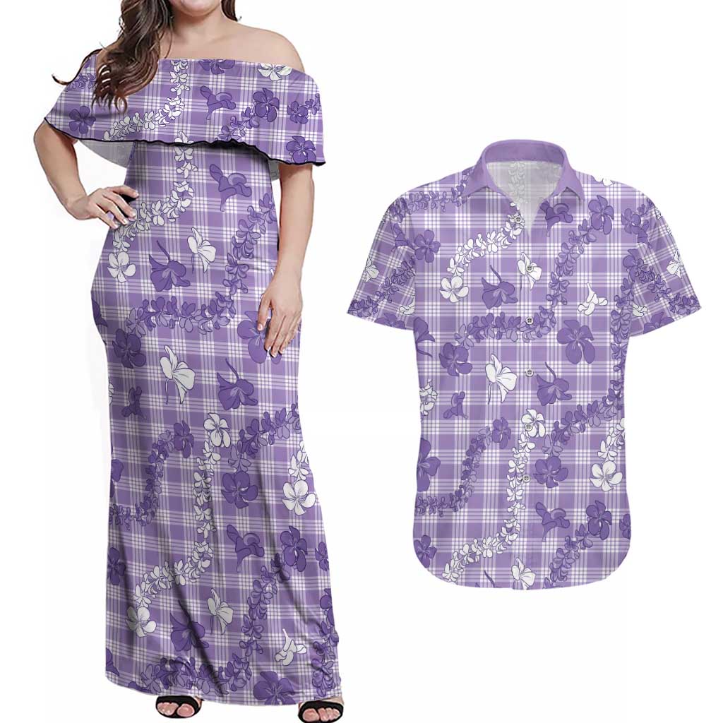 Poni Aloha Hawaii Couples Matching Off Shoulder Maxi Dress and Hawaiian Shirt Plumeria Lei With Palaka Motif - Polynesian Pride