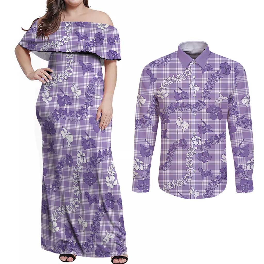 Poni Aloha Hawaii Couples Matching Off Shoulder Maxi Dress and Long Sleeve Button Shirt Plumeria Lei With Palaka Motif - Polynesian Pride