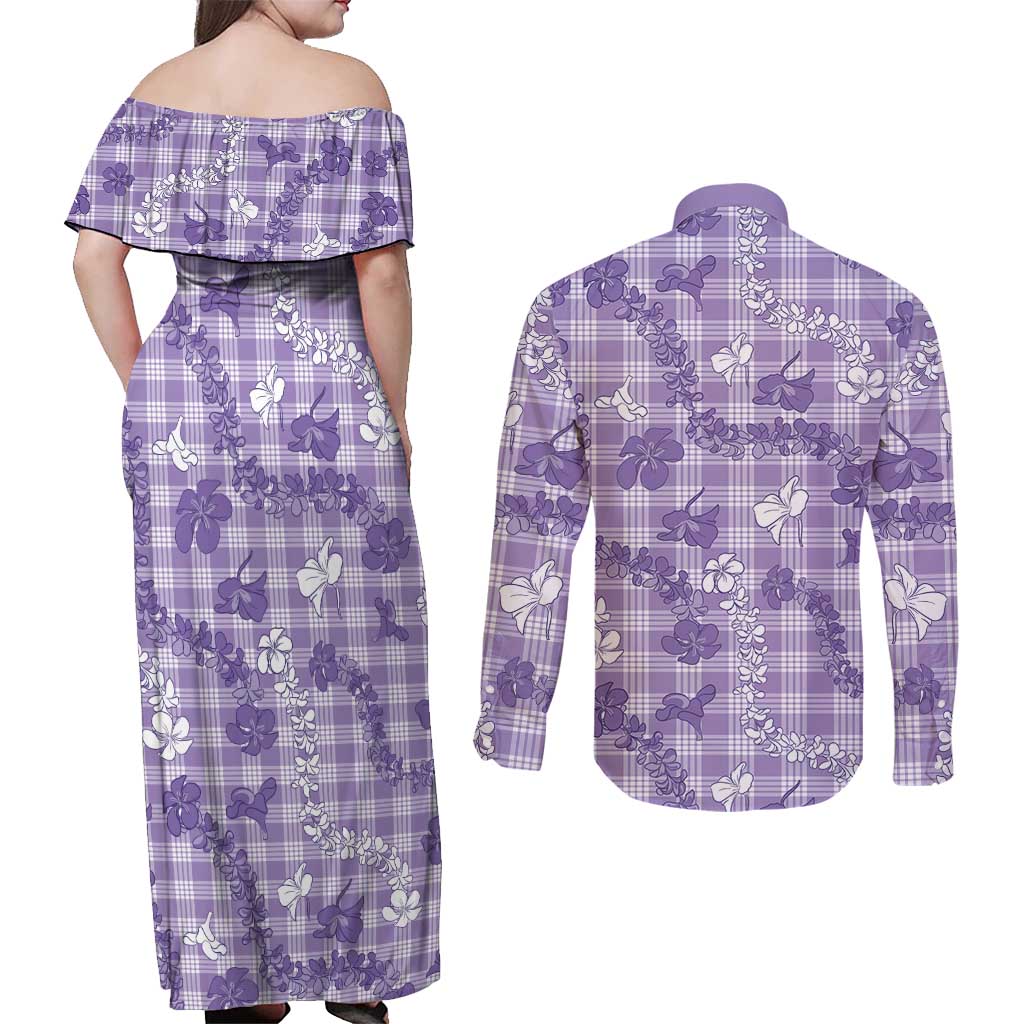 Poni Aloha Hawaii Couples Matching Off Shoulder Maxi Dress and Long Sleeve Button Shirt Plumeria Lei With Palaka Motif - Polynesian Pride